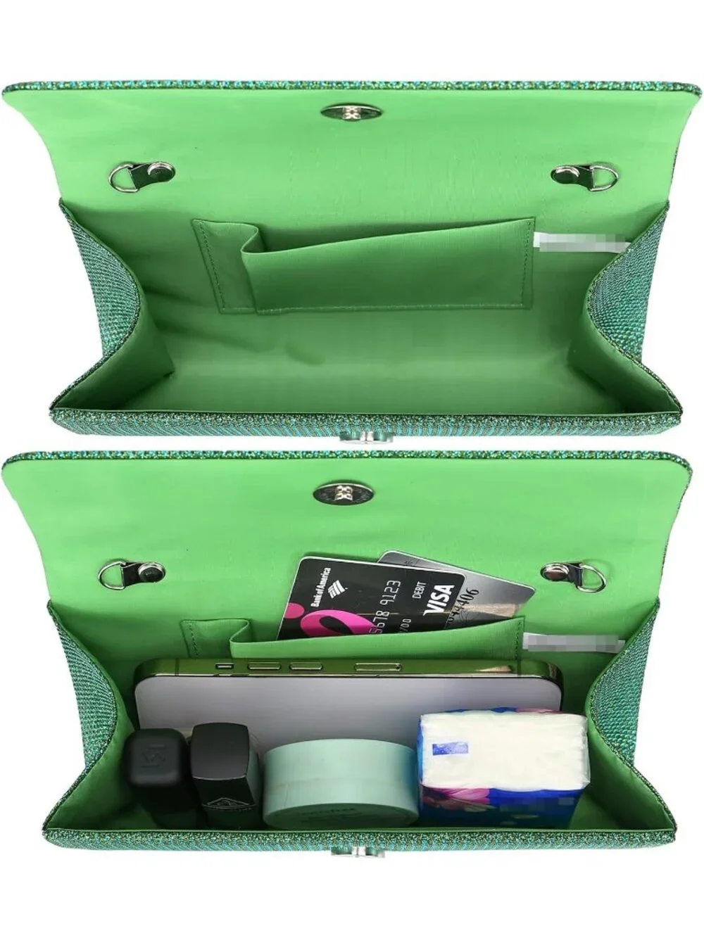 Women's Green Glitter Clutch Purse Evening Bag With Chain For Wedding Handbag